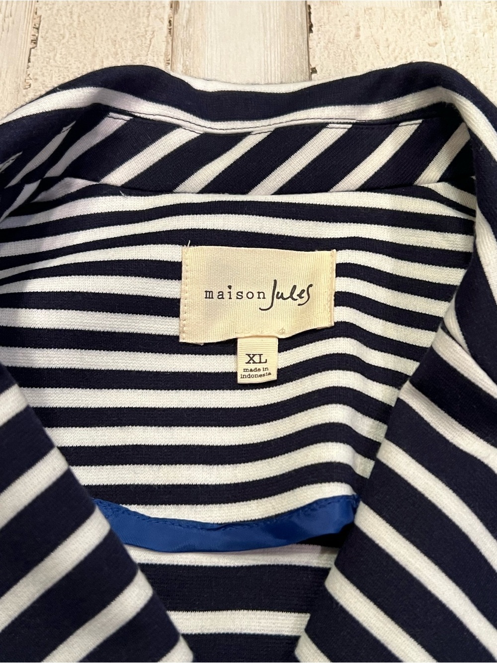 Maison Jules XL Navy Blue White Striped Knit Blazer Jacket - Picture 2 of 6